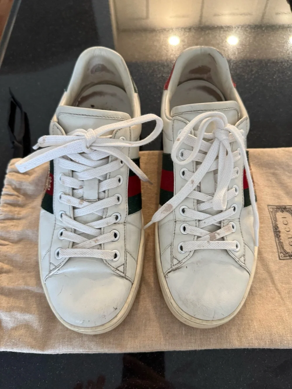 Gucci White Leather Sneakers with Red & Green and Gold Bee